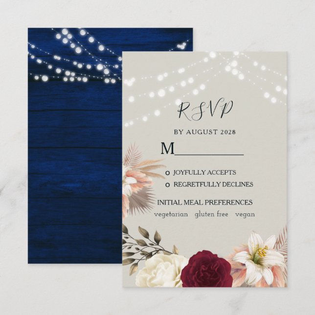Carte RSVP Rustique Floral Burgundy Wedding (Devant / Derrière)