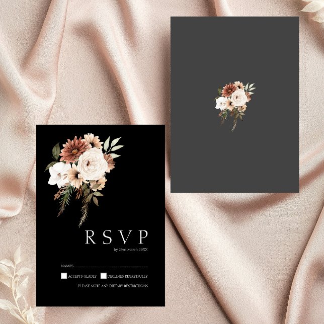 Carte RSVP Rustique Noir et Pêche Florale Mariage  (Rustic Black and Peach Floral Wedding RSVP Card)