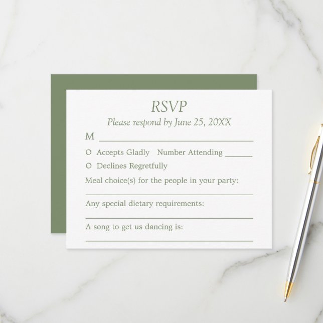 Carte RSVP Sage Green Mariage Choix d'hôtes (Devant/Arrière en situation)