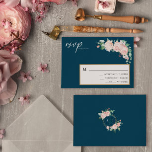Carte RSVP simple Blush Floral Navy Mariage