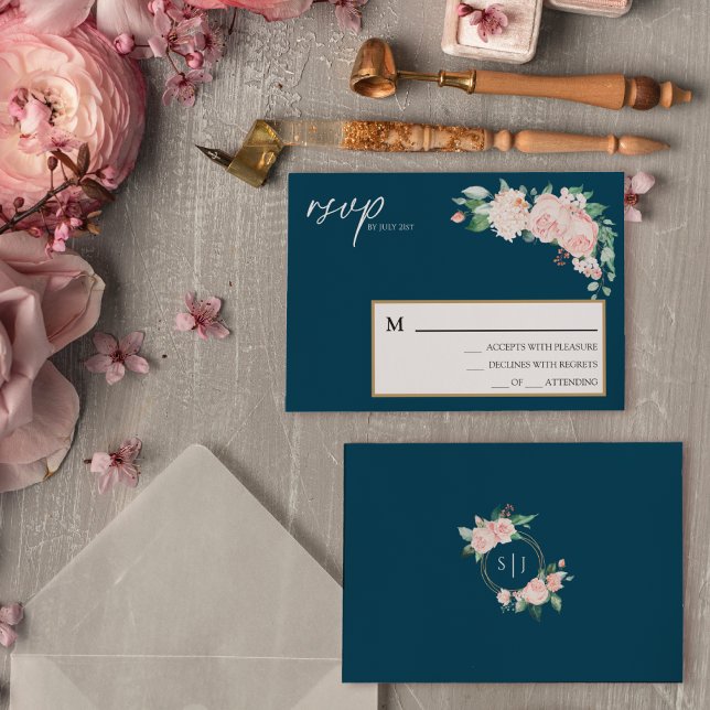 Carte RSVP simple Blush Floral Navy Mariage (Créateur téléchargé)