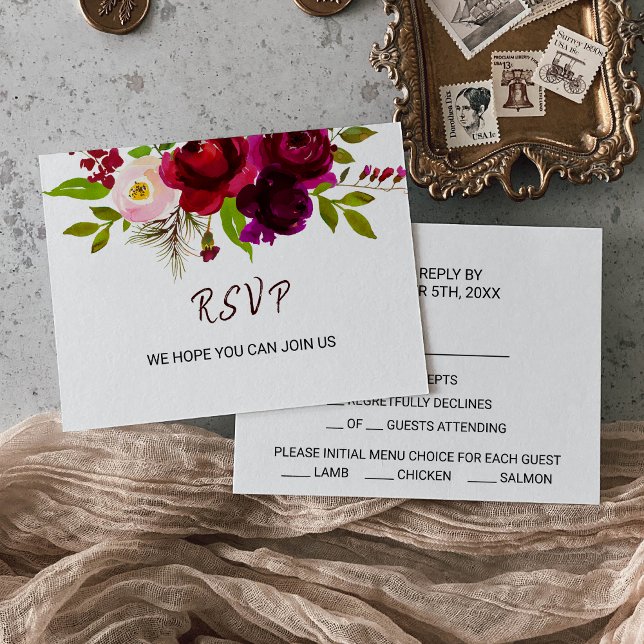 Carte Rsvp Simple Burgundy Floral Menu Choice (Créateur téléchargé)