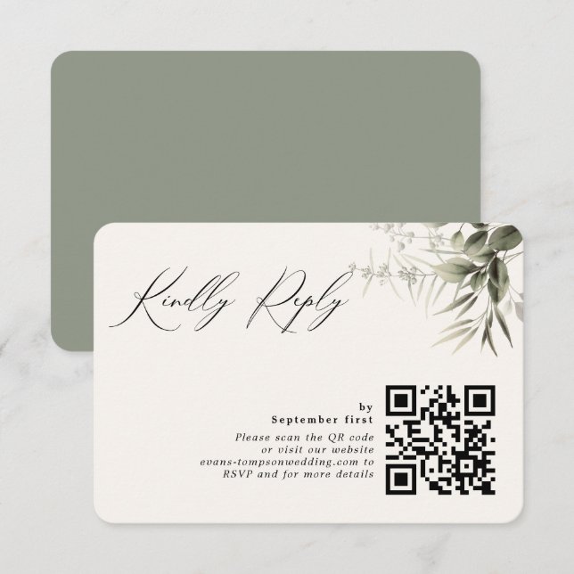 Carte RSVP simple de code QR botanique de verdure (Devant / Derrière)