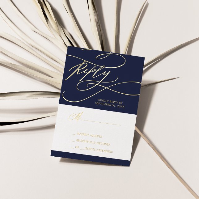 Carte RSVP simple Mariage Gold Foil de la Marine R (Romantic Navy Gold Foil Wedding Simple RSVP Card)
