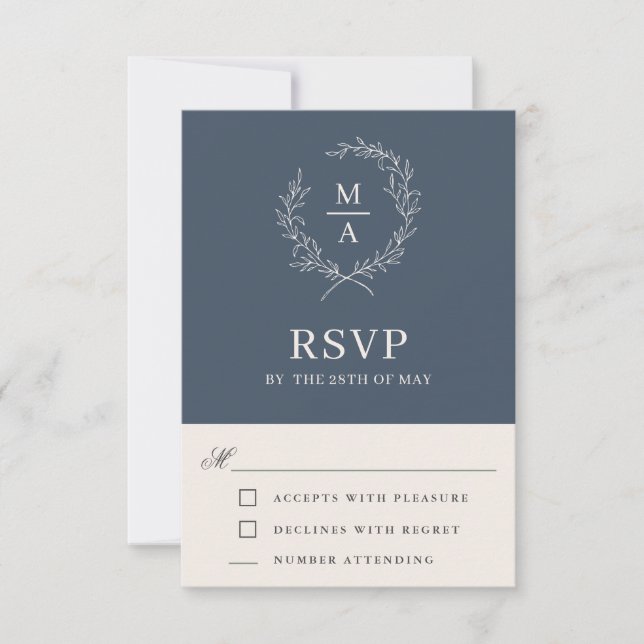 Carte RSVP simple Monogramme bleu marine (Devant)