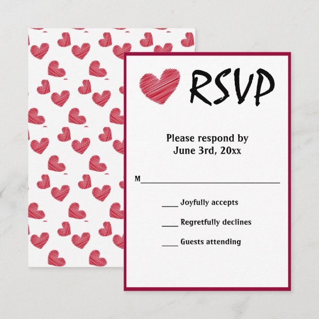 Carte RSVP simple Sketchy Red Heart Wedt (Devant / Derrière)