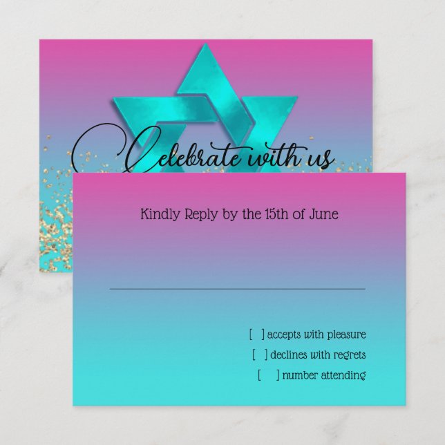 Carte RSVP Turquoise à rose Ombre avec étoile (Devant / Derrière)