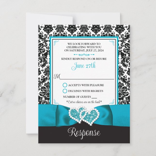 Carte RSVP Turquoise, Black Damask Love Hearts (Devant)