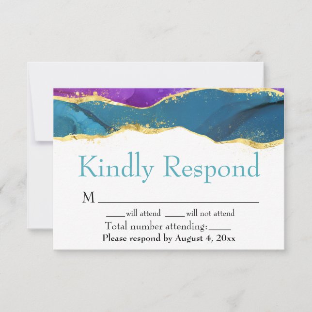 Carte RSVP Turquoise couleur or violet (Devant)