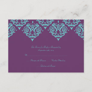 Carte RSVP turquoise et Purple Mariage damassé