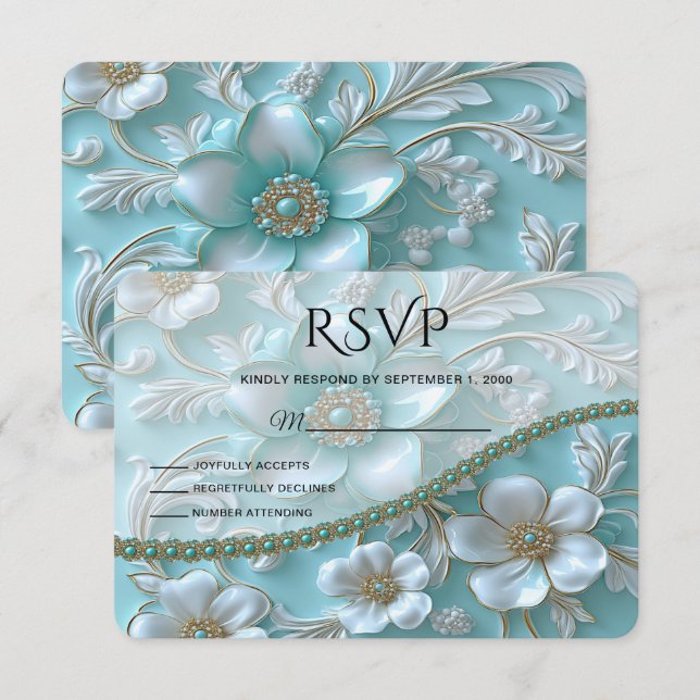 Carte RSVP turquoise Florale (Devant / Derrière)