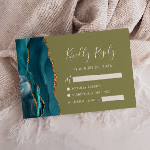 Carte RSVP turquoise Gold Agate Olive Green Weddin