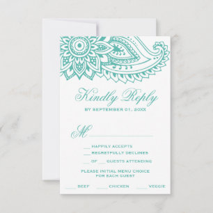 Carte RSVP turquoise Indian Paisley Menu Choix