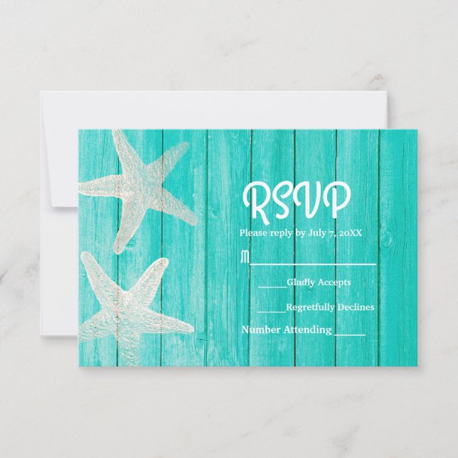 Carte RSVP turquoise Wood & Starfish Elegant Beach (Devant)