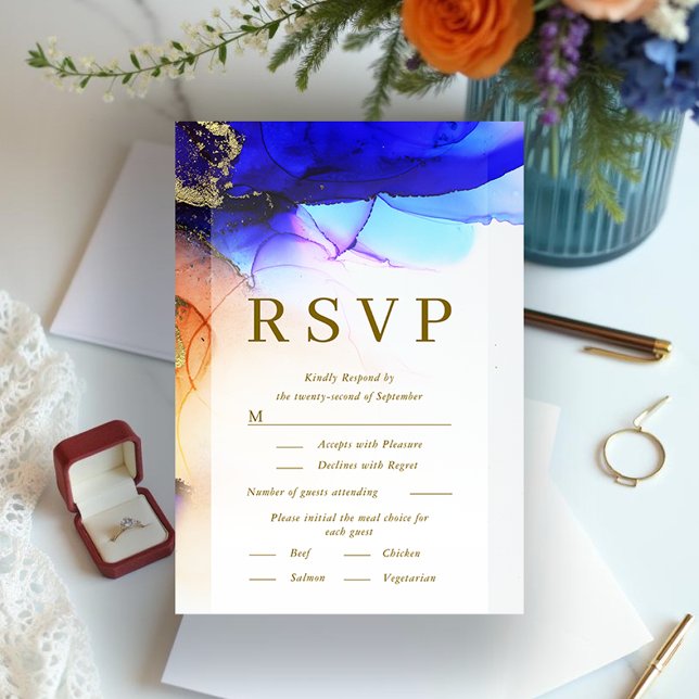 Carte RSVP Vibrant Blue Orange Gold Wedding (Vibrant Blue Orange Gold Wedding RSVP Card.)