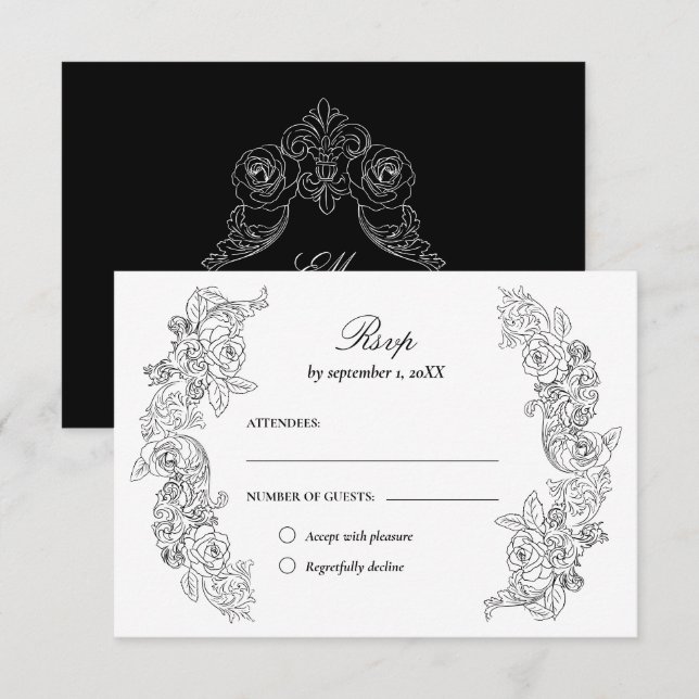 Carte RSVP Victorian Black and White Wedding (Devant / Derrière)