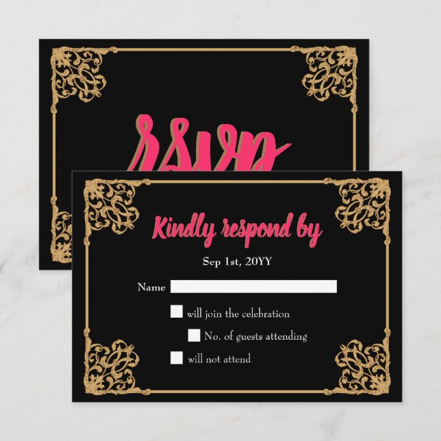 Carte Rsvp vintage Black Gold Baroque Frame Rose (Devant / Derrière)