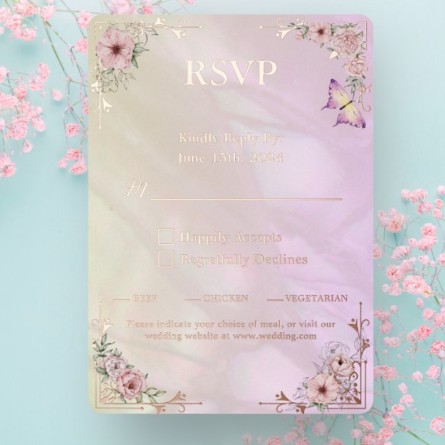 Carte RSVP vintage Champagne Peony Mariage Foil (Créateur téléchargé)