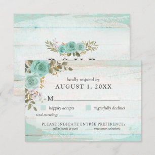 Carte RSVP vintage Turquoise Rustique Wood Floral