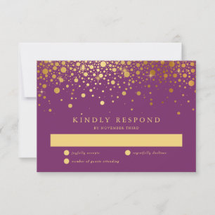 Carte RSVP violet Faux Gold Foil Confetti Dots