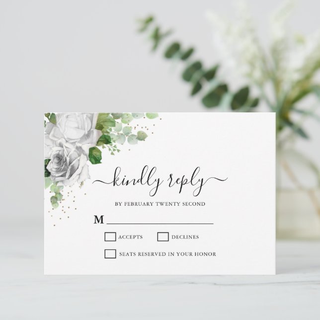 Carte RSVP White Floral & Eucalyptus Wedding (Debout devant)