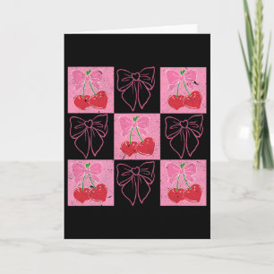 Carte Ruban à nœud coquette cerise à carreaux rose Saint