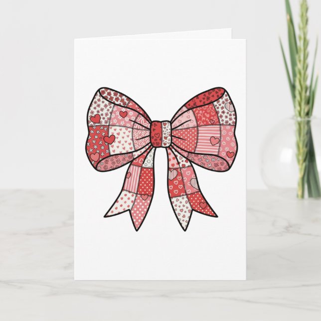 Carte Ruban à nœud patchwork rose rouge romantique Dessi (Devant)