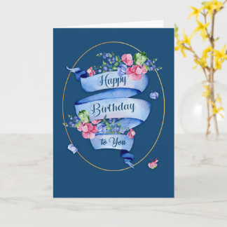 Carte Ruban bleu classique d'anniversaire avec fleurs et