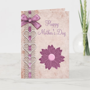Carte Ruban, dentelle, coeurs et jour de mère lilas de