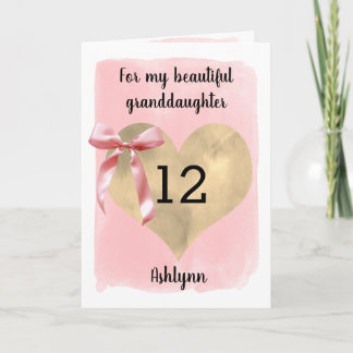 Carte Ruban Rose Cœur Doré 12ème Anniversaire Petite-Fil