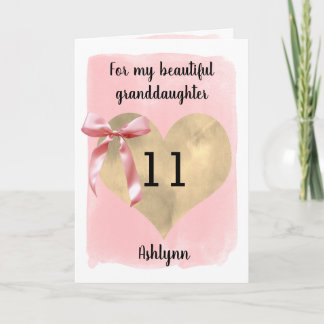 Carte Ruban Rose Or Cœur 11e Anniversaire Petite-fille