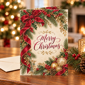 Carte Ruban rouge élégant et Noël or et or