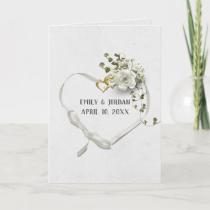Carte Rubans de mariage et anneaux à coeur doré