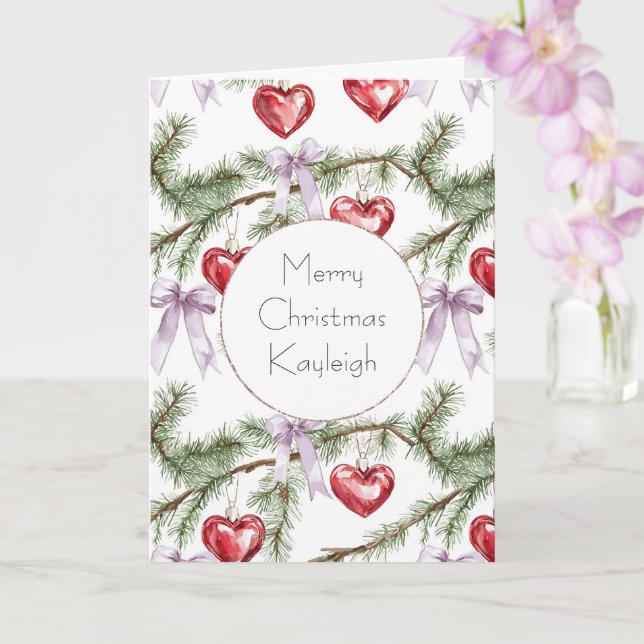Carte Rubans violets girly branches d'arbre de Noël cœur (Orchidée)