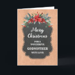 Carte Russe Chalkboard Godmère Joyeux Noël<br><div class="desc">Joyeux Noël pour la carte marraine avec motif en damier rustique et feuillage d'hiver avec poinsettias.</div>