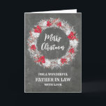 Carte Russe Chalkboard Père en droit Joyeux Noël<br><div class="desc">Joyeux Noël pour la carte de beau-père avec motif rustique de tableau noir de pays et couronne enneigée avec poinsettias.</div>