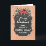 Carte Russe Chalkboard Père en droit Joyeux Noël<br><div class="desc">Joyeux Noël pour la carte de beau-père avec motif en damier rustique et feuillage d'hiver avec poinsettias.</div>