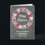 Carte Russe Chalkboard Stepdad Joyeux Noël<br><div class="desc">Joyeux Noël pour la carte stepdad avec motif rustique de tableau noir de campagne et couronne enneigée avec poinsettias.</div>