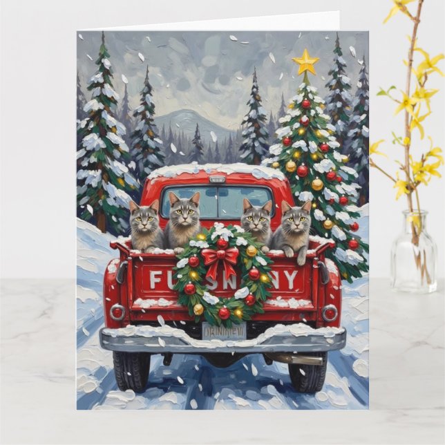 Carte Russian Blue Cat Christmas Red Truck Holiday (Fleur jaune)