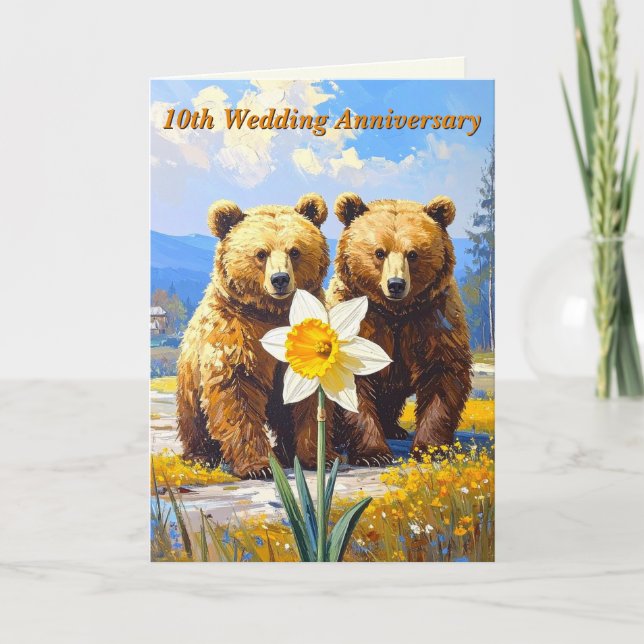 Carte Rustic Bear Couple Daffodil 10ème Mariage Anniv. (Devant)