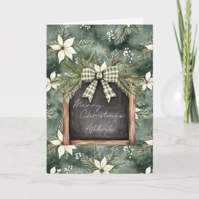 Carte Rustic Brown Green Christmas Chalkboard Floral Bow (Devant)