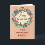 Carte Rustic Christmas Wreath Friend Joyeux Noël<br><div class="desc">Joyeux Noël pour carte d'ami avec une aquarelle rustique couronne de noël,  motif de papier vintage et verset réfléchi.</div>