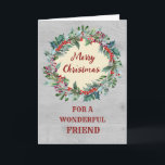Carte Rustic Christmas Wreath Friend Joyeux Noël<br><div class="desc">Joyeux Noël pour carte d'ami avec aquarelle rustique couronne de noël,  motif en bois vintage et verset réfléchi.</div>