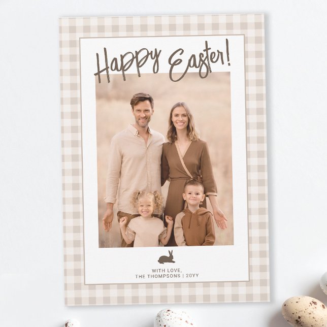 Carte Rustic Easter Family Photo Beige Gingham And Bunny (Créateur téléchargé)