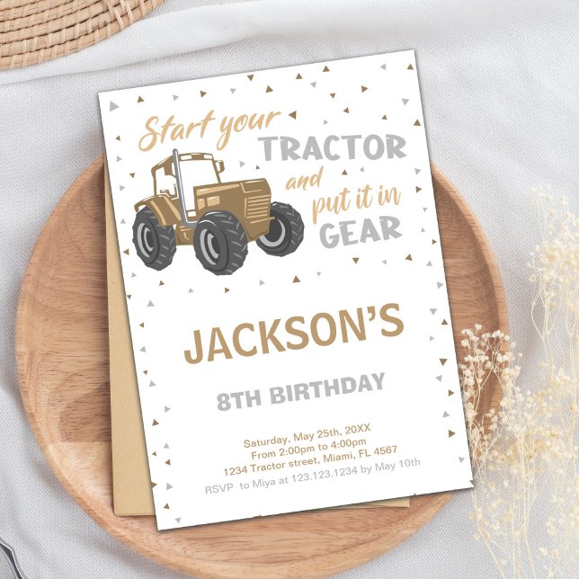 Carte Rustic Farm Party pour garçons (Brown Tractor Birthday Invitations)