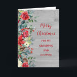 Carte Rustic Grandson et sa femme Joyeux Noël<br><div class="desc">Joyeux Noël pour petit-fils et sa carte de femme avec le feuillage vert aquarelle,  motif en bois rustique et pinecones et verset réfléchi.</div>