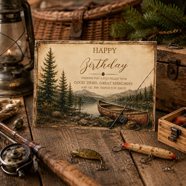 Carte Rustic Mountain Lake Canoe Fishing Birthday | (Créateur téléchargé)