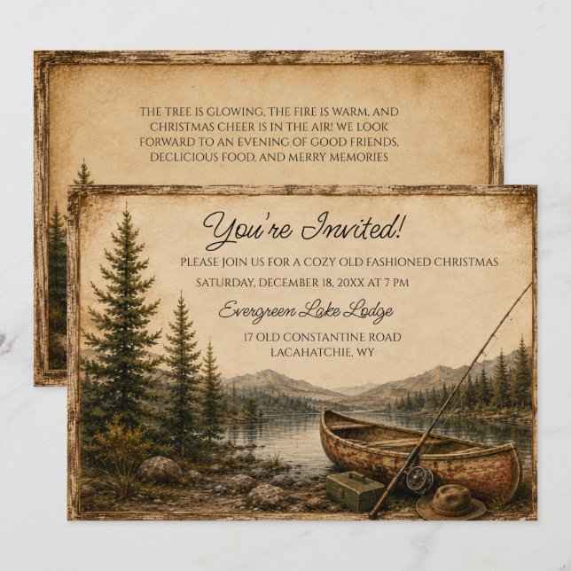 Carte Rustic Mountain Lake Canoë Noël | (Devant / Derrière)