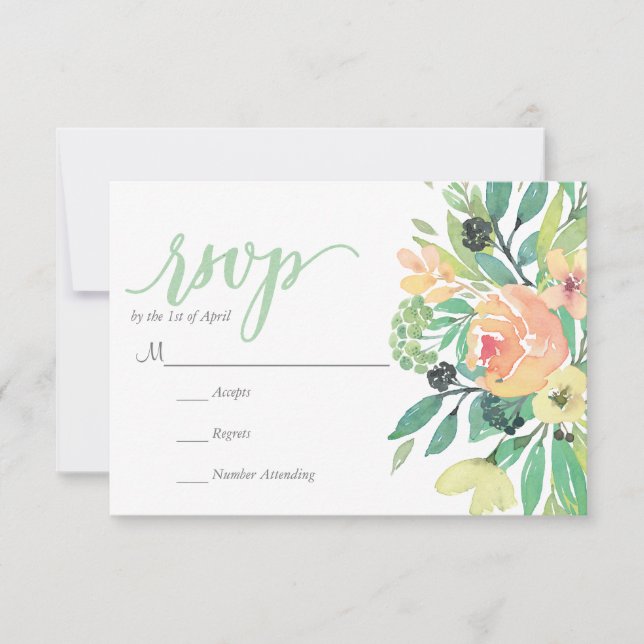 Carte RUSTIC rose aquarelle fleurs feuillage RSVP (Devant)