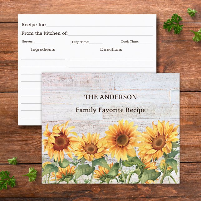Carte Rustic Sunflower Garden Family Recette (front and back side)